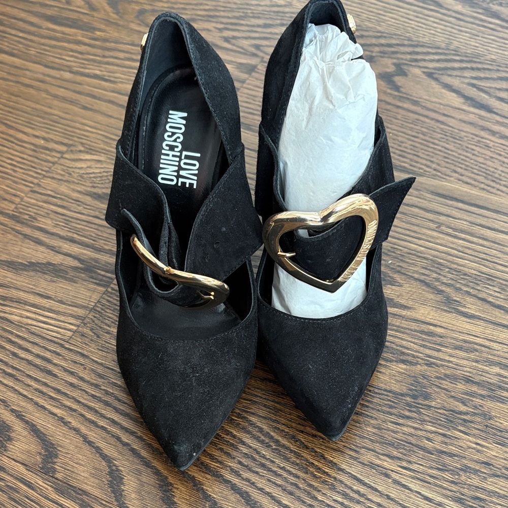 Love Moschino Black Heels with Gold Heart Accent
